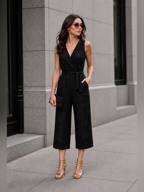 MICHAEL Michael Kors Womens Glitter Wrap Cropped Jumpsuit in Black Size S